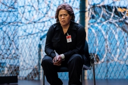 Anna Deavere Smith wearing name tag, sitting on chair in front of of images of fences and barbed wire. Appears to be on a stage